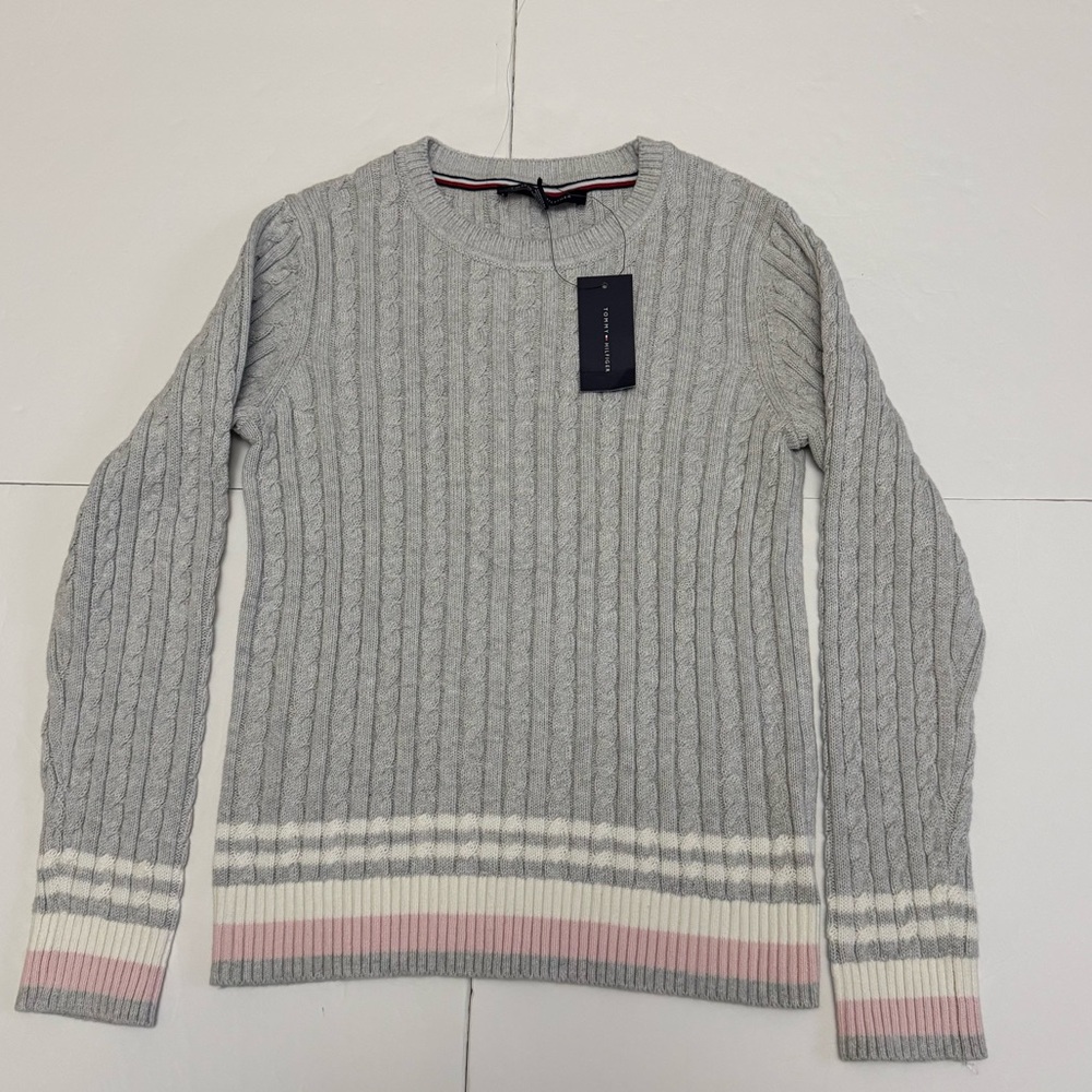 Tommy Hilfiger Women’s S/P  Light Lavander Cable Knit Sweater Pastel Stripe Hem